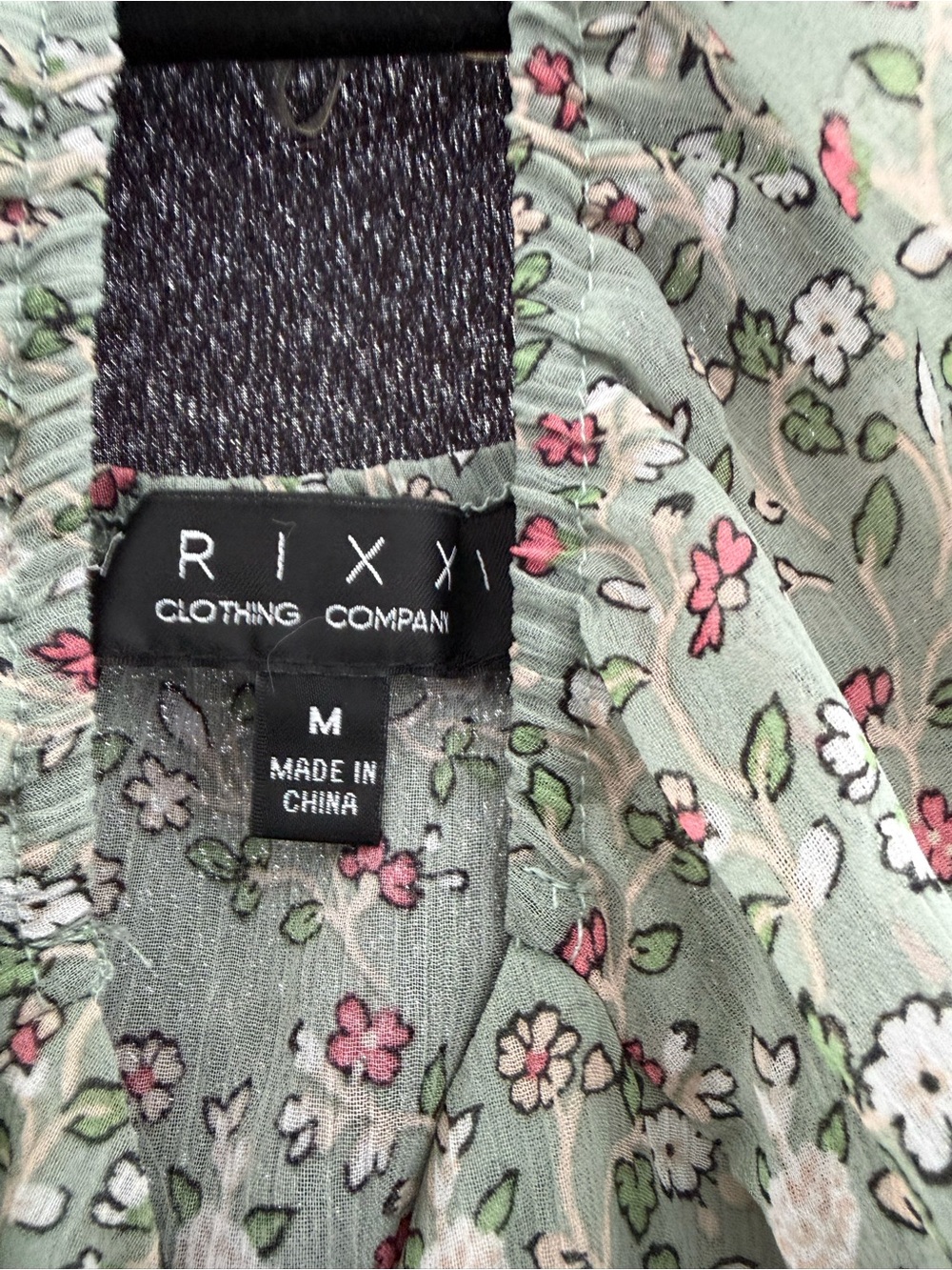 RIXY Floral Green Blouse - Mint Green with Pink & White Blossoms